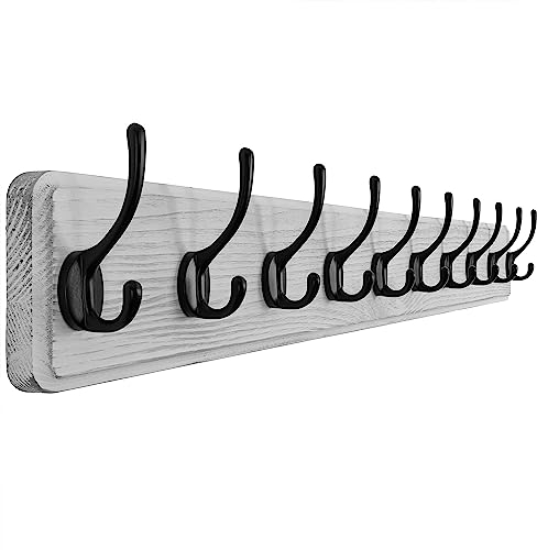 SKOLOO Garderobenleiste Holz Weiß, 98 cm langer, hölzerner Kleiderhaken Wand, Rustikaler Stil, Stabil garderobenhaken mit 10 Haken