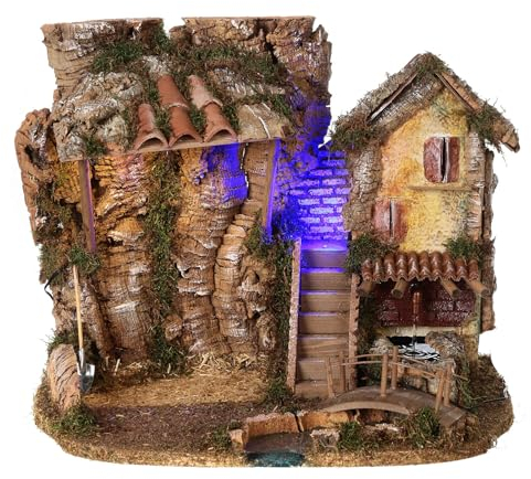 Holyart Krippenstall und Landhaus mit Fluss und Brücke, 30x40x25 cm, nächtliche Beleuchtung