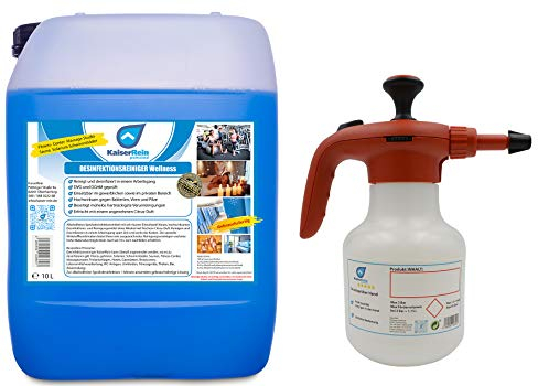 Desinfektionsreiniger Wellness/Spa 10 L Kanister zur Reinigung und Desinfektion mit Pumpdrucksprüher 1,5L Abd. ähnlich Flächendesinfektionsmittel zum Sprühen 1 Minute einwirkzeit