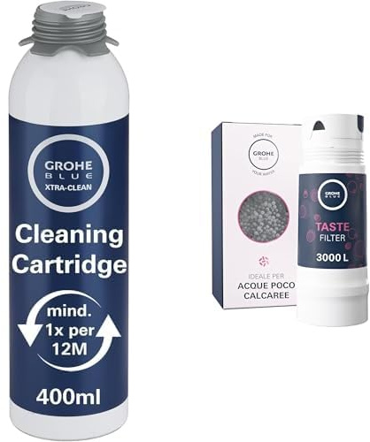 GROHE Blue Set di GROHE Filtro ai Carboni Attivi, eleva il Gusto dell’Acqua e rimuove le Sostanze che ne Alterano Odore e Sapore, Capacità Media 3000 l + Cartuccia Pulizia, per Sistemi Blue Home e Pro