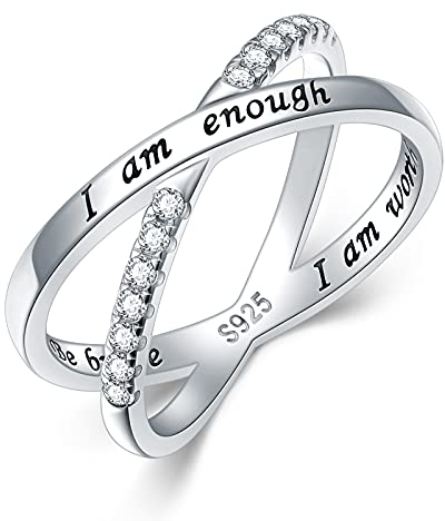 925 Sterling Silber Ring Ich bin genug Inspirations ring CZ Simulierter Criss Cross Daumenring Größe 54(17.3)