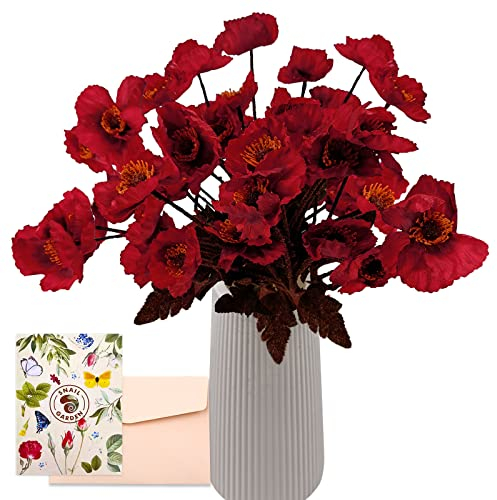 SNAIL GARDEN 32 Köpfe Künstliche Mohnblumen, 56cm Langer Stiel Mohnblumen Künstlich Gefälschte Mohnblume Rot mit Grußkarte & Papiertüte, Künstliche Blumen für Haus Geschenk Büro Dekor