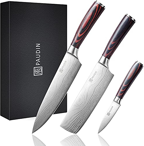 PAUDIN Kitchen Knife Set, 3 Pcs Chef Knife Set, Professional Kitchen Knives with High Carbon Stainless Steel, Chef Knives with 8 inche Chef Knife, 7 inch Nariki Knife and 3.5 inch Fruit Knife