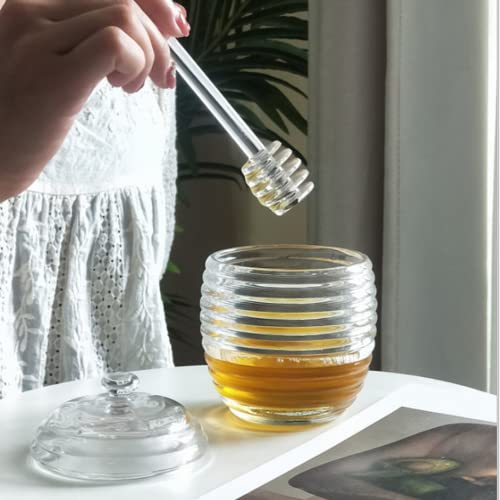 XIZHI 240ML Transparent Honey Jar with Dipper and Lid Glass Beehive Style Honey Pot for Home Kitchen Honey and Beehive Container (Dipper)