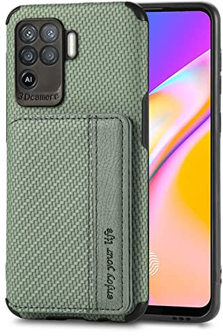 ShinyCase for Oppo A94 4G Cover Case with Card Holder Stylish Flip Wallet Case Credit Cards Slots Kickstand Shockproof Protection Carbon Fiber Fabric Phone Cases for Oppo A94 4G,Oppo F19 Pro,Green