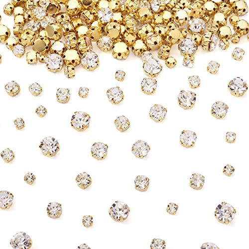 PandaHall 780 Stück Strasssteine zum Aufnähen flach rund verschiedene Größen Nähkrallen Kristalle Strasssteine flache Rückseite Edelsteine mit goldener Krappenfassung für Kleid Kleidung Schuhe Tasche