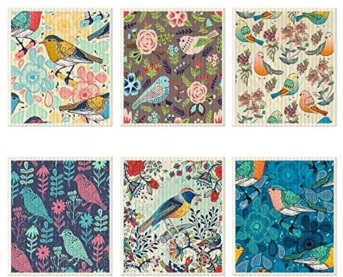 6 Pcs Swedish Kitchen Dish Cloths Kitchen Towels Reusable Sponge Cleaning Cloths Wipes Absorbent Dish Cloth Quick Drying Washable Decorative Tea Towels No Odor Bar Hand Towel (Bird)