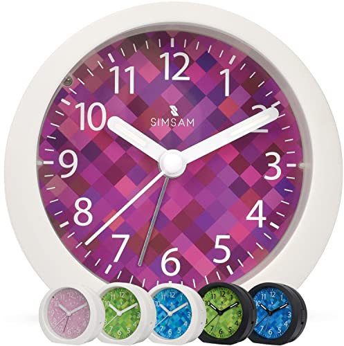 SIMSAM Wecker Kinder Mädchen, Kinderwecker Mädchen Ohne Ticken, Kinder Wecker für Mädchen, Wecker Analog für Kinder mit 24 Melodien, Batterie, Snooze (Weiß-Violett-Pink)
