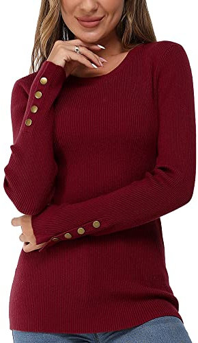 Newshows Long Sleeve Tops for Women UK Ladies Jumpers Button Solid Crew Neck Lightweight Knit Pullover Sweater Dark red,L