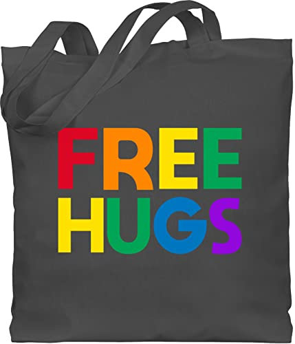 Shirtracer Baumwolltasche - LGBTQ Kleidung Pride Flag - Free Hugs - Lettering Schriftzug - Unisize - Dunkelgrau - tote bag regenbogen hug stofftasche gay einkaufsbeutel lgbt beutel stoff jute taschen