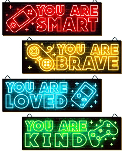 YLOLUL 4pcs Neon Game Art Prints, Wood Wall Art Decor for Boys Room, Gamer Decorations, Inspirational Quote Wall Decor, Modern Home Decor, 12 x 4 Inch, Red