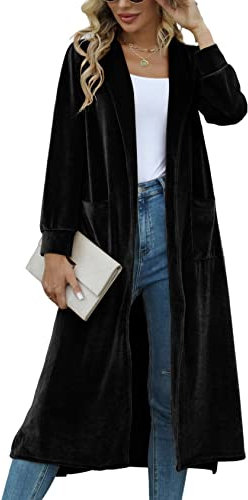 Yimoon Velvet Cardigan Jacket Open Front Lapel Collar Outerwear Sequin Duster Coat Velour Long Blazers for Women, Black, Medium