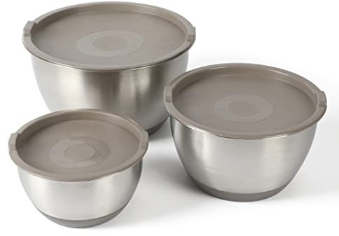 MARTHA STEWART Rhinewell Mirror Polish 6 Piece Stainless Steel Mixing Bowls with Lid and Non-Slip Base - Grey