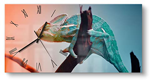 DEQORI Glasuhr | vertikal 60x30 cm | Motiv Chamäleon auf AST | große XXL Design Uhr aus Glas | leise Wanduhr für Wohnzimmer & Küche | Moderne Hingucker Uhr für die Wand