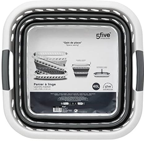 5five - Corbeille à Linge Pliable 40L - 2 Poignées Confortables - Panier à Linge Rétractable - Grande Capacité - Gris et Blanc