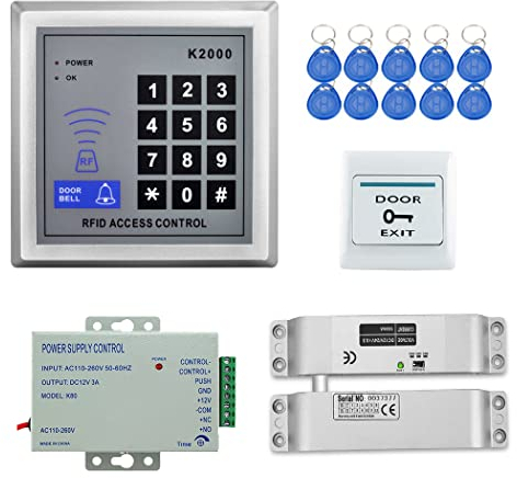 YAVIS Full Set RFID Porte Accès Contrôle Système Kit + Verrouillage à Boulon électrique + 110-240V AC 12V DC 3A 36W Power Supply + Proximité Porte Entrée Pavé Numérique 10 Bouton EXIT Breloques Clé