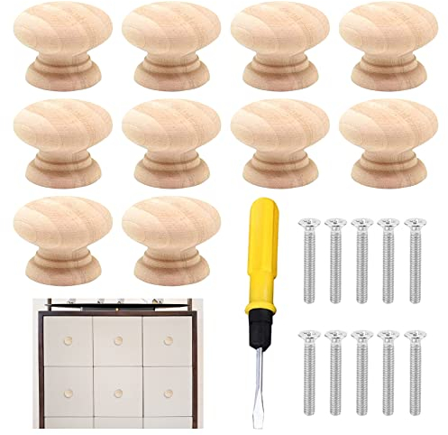 Leonshco 10 Stück Möbelknöpfe Holz Schubladengriff,Schrank Knöpfe mit Schraubendreher,Runde Holzknöpfe Griffe,Knauf für Schrank,Holzknöpfe für Möbel,33 X 25mm,Einfach zu Montieren/zu Greifen