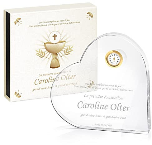 Maverton Cœur en verre personnalisable - Statuette en cristal 3D avec horloge et boîte élégante - à offrir pour baptême - souvenir de communion - pour filleul - filleule - communion solennelle -