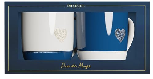 DRAGER PARIS | Duo de Mugs en céramique avec un coeur pour couples mariés | Blanc bleu Motif en or à chaud | Idée cadeau pour couple, jeunes mariés, union, mariage, cérémonie | 320 ml