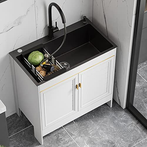 Fregadero independiente Fregaderos de cocina para el hogar Fregadero independiente de acero inoxidable Mueble para fregadero de cocina, estación de lavado de manos con grifo extraíble negro