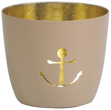 Seaside No.64 - Maritime Windlichter Baltic aus Metall mit ausgestanzten Motiven - Verschiedene Farbkombinationen für Teelichter & Stumpenkerzen in Haus und Garten (Anker - beige, Gold)