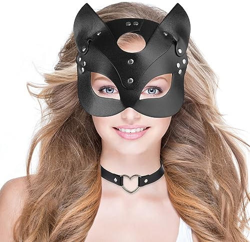 ZZOUFI Masque Catwoman Femme, Masque Chat Sexy, Masque en Cuir Noir, Demi Masque pour Halloween Carnaval Cosplay, Accessoire Deguisement Catwoman