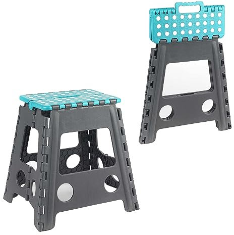 Beldray LA032487FEU6 Large Folding Stool-Lightweight Plastic Step-Up Footstool, Seat for Adults & Kids, Foldable Design, Compact Storage, Carry Handle DIY Accessory, Max. Weight 150 KG, Grey/Blue