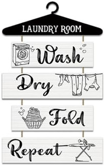 Rustic Laundry Sign with Hang Rope - Wooden Wall Decor for Home Decoration, Housewarming Gift - White