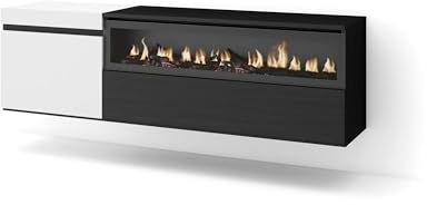 Skraut Home | Mueble TV | Televisión | Muebles de salón, almacenaje | 150x45x35cm | para TV hasta 65 | Chimenea eléctrica | Colgado, Suspendido | Estilo Moderno | Blanco y Negro