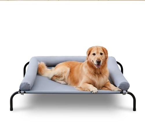 TJSOULER Outdoor-Hundebett mit abnehmbarem Bloster, kühlendes erhöhtes Hundebett für mittelgroße Hunde, atmungsaktives, waschbares Netzgewebe, Hundebett für Haus und Garten L Grau