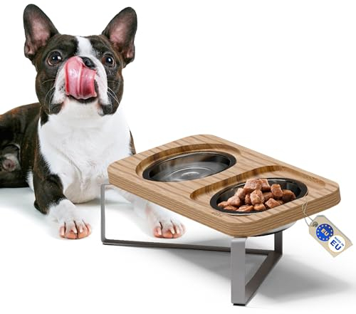 Walirü® Gamelle pour Chat avec Support Incliné en Bois d'Acacia Massif, Station d'alimentation 2 en 1 pour Chats et Petits Chiens, Support Incliné 14 Anti-Vomissement, Gamelle Surélevée pour Chat