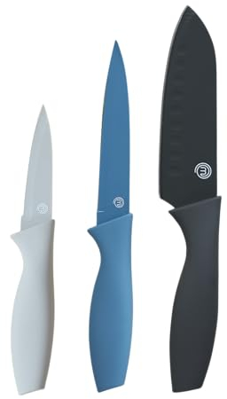 MasterChef Set de Coutellerie, Couteau d'Office, Universel et de Chef, Acier Inoxydable, Revêtement Antiadhésif, Manche Ergonomique, 3 Pièces, Azure