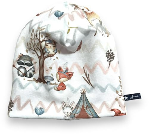 Generisch Beaniemütze Waldtiere Bäume Wald Altrosa Rosé Blush Boho Vintage Tipi Jersey 37 39 41 43 45 47 49 51 53 55 Baby Kleinkind Kind Beanie Wendemütze Handmade Juna Flieder Rosa