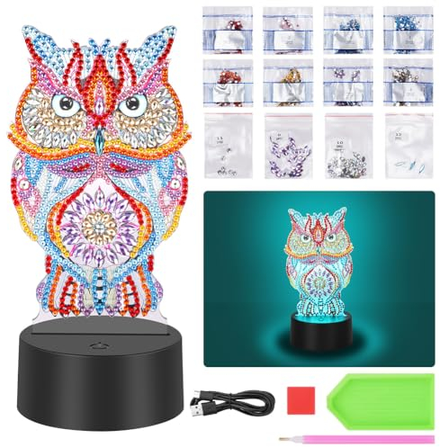 AUAUY Geschenke für Mädchen 5 6 7 8 9 10 Jahre, Eule Diamond Painting Kreative Nachtlicht Basteln am Kindergeburtstag, 5D Diamantmalerei DIY Nachtlicht Mosaik Basteln Kinder Weihnachtsgeschenke