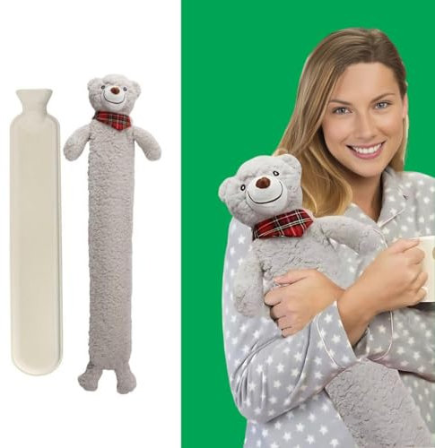 ADEPTNA 2L Extra Long Hot Water Bottle with Sherpa Animal Character with Soft Plush Faux Fur Cover - Giant Size Ideal for Full Body (Grey)