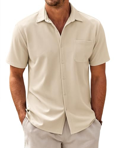 COOFANDY Herren Kurzarm Hemd Business Hemden mit Tasche Freizeithemd Casual Sommerhemd Fischgrätmuster Textured Shirts Creme Beige M