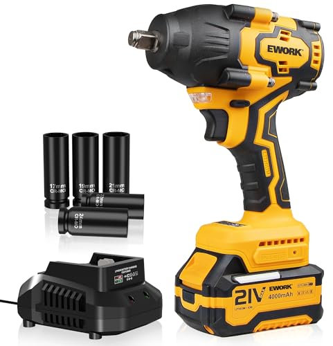 EWORK 21V Brushless Cordless Impact Wrench 1/2 Inch - 775 Ft-lbs High Torque, 4.0Ah Battery & Fast Charger, Compact Power Tool for Automotive, Truck, SUV Heavy-Duty Jobs