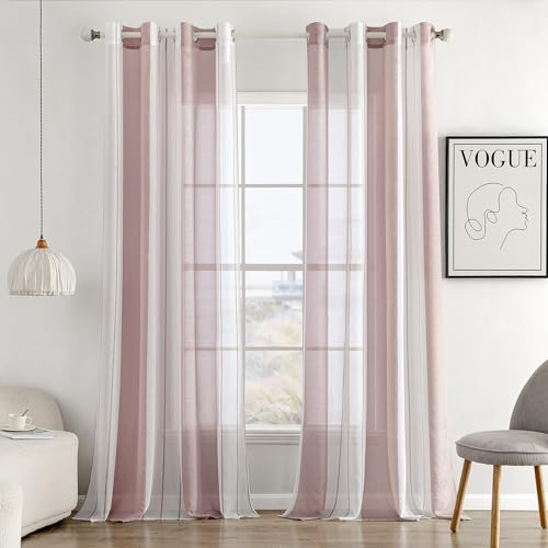 MIULEE Gardinen Gestreift Transparent mit Ösen, Voile Vorhänge Wohnzimmer Modern 2er Set, Vorhang Schlafzimmer Transparent mit Altrosa Weiss Gestreift Muster, Vorhang Halbtransparent Streifen 140X245