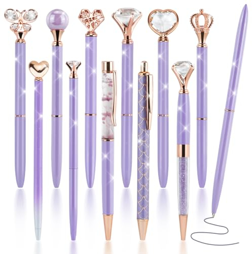 IBEQUEM 12 Rose Gold Kugelschreiber, Crystal Metallic schwarze Tinte feine Spitze Diamant Stift, Mädchen Geschenk, Schule, Haus, Bürobedarf (Lila)