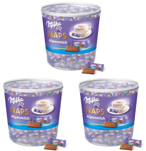 Milka Naps Alpenmilch 1 x 1kg, Zartschmelzende Mini-Schokoladentäfelchen aus feiner Alpenmilchschokolade, Dose (Packung mit 3)