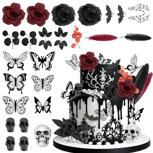 Black Cake Decorations, TSVATE 26PCS Gothic Cake Decorations, Goth Birthday Decorations, Black Cake Topper with Red Black Rose, Skull, Butterfly Cupcake Toppers, Wedding Rip Halloween Cake Decorations