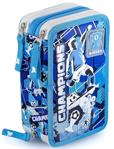 Julian Ross 3-Fach Federmäppchen für Jungen – 45-teilig, komplett gefüllt – mit 2 löschbaren Gelstiften, Schere, Kleber, Buntstiften – Fußball-Design Champions Blau – ideal für Schule & als Geschenk