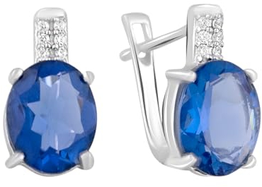 GS PROJEWELRY Huggie English Lock-Ohrring aus 925er Sterlingsilber über ovalem blauem Tansanit Gewicht 3,97 g. Rhodiniertes Finish, Glas, künstlicher Tansanit, Glas, Künstlicher Tansanit