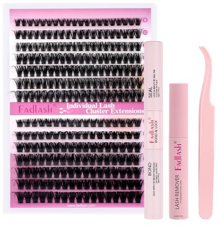 FADLASH Kit Extension Cils Bouquet 60D 80D, 259pcs Faux Cils Individuel Volume Russe 8-16mm D Curl, Bond and Seal, Remover Gel, Pince à Lashes, Cluster Lashes Kit DIY Maison et en Salon