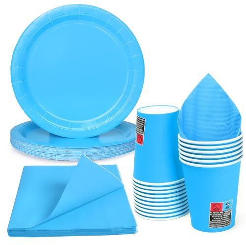 PARTY GO Juego de vajilla azul de 56 piezas, platos de papel, vasos y servilletas, vajilla desechable para fiesta de graduación, vacaciones, boda, fiesta de cumpleaños, baby shower, decoraciones para