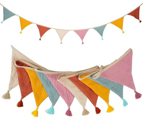 TNSLAND Wimpelkette Kinderzimmer Stoff Outdoor Wetterfest Deko Gartenparty Happy Birthday Girlande Dekorationen Geschenk Bonbonfarben 2.6m