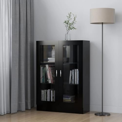 Willood Vitrinenschrank Bücherschrank Aktenschrank Büroschrank Vitrine Schrank Bücherregal Sideboard Schwarz 82,5x30,5x115 cm Holzwerkstoff