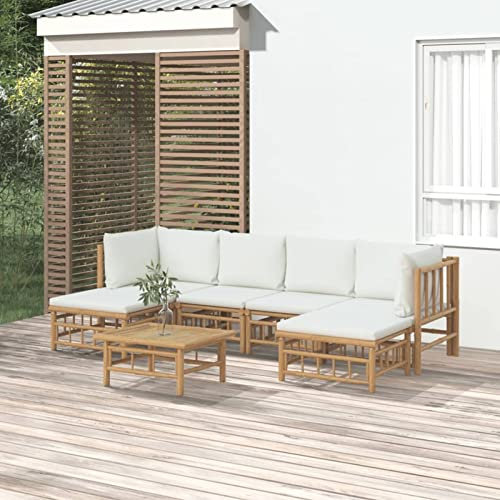 Brokky Salon de Jardin 7 pcs avec Coussins Blanc crème Bambou,Canape De Jardin,Salon Bas De Jardin Exterieur,Canapé D'Extérieur Combiné