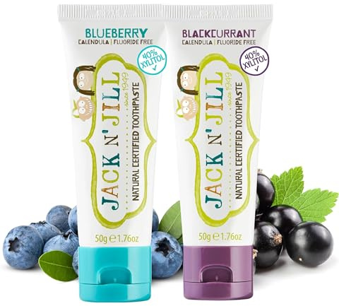 Jack N’ Jill Natural Certified Kids Toothpaste – Fluoride-Free Toddler & Baby Toothpaste with 40% Xylitol, No Sugar, Suitable from 6 Months+, Blackcurrant & Blueberry Flavour, Pack of 2 (50g Each)