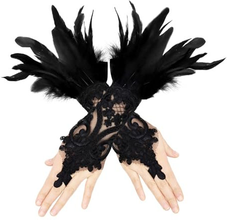 ZOCONE Spitzenhandschuhe Federn Schwarz Handschuhe Vintage Feder Spitze Fingerlose Handschuhe Black Swan Kostüm 20er Jahre Damen Federhandschuhe für Hochzeiten Halloween Kostümpartys
